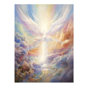 Ethereal angel wings canvas art with radiant clouds for peaceful bedroom decor.