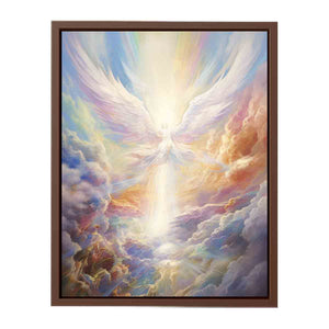Ethereal angel wings canvas art with radiant clouds for peaceful bedroom decor.