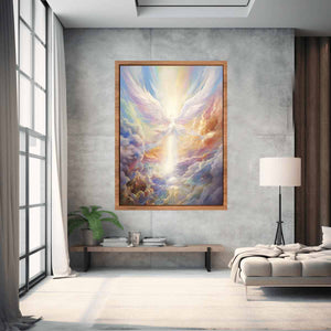 Ethereal angel wings canvas art with radiant clouds for peaceful bedroom decor.