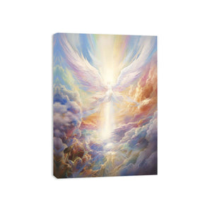 Ethereal angel wings canvas art with radiant clouds for peaceful bedroom decor.