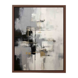 Gray and white abstract canvas art with gold accents for modern luxury living room decor.