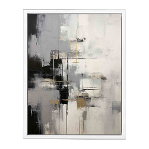 Gray and white abstract canvas art with gold accents for modern luxury living room decor.