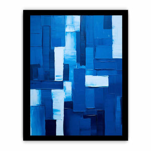 Deep blue abstract canvas art with textured blocks for modern office decor.