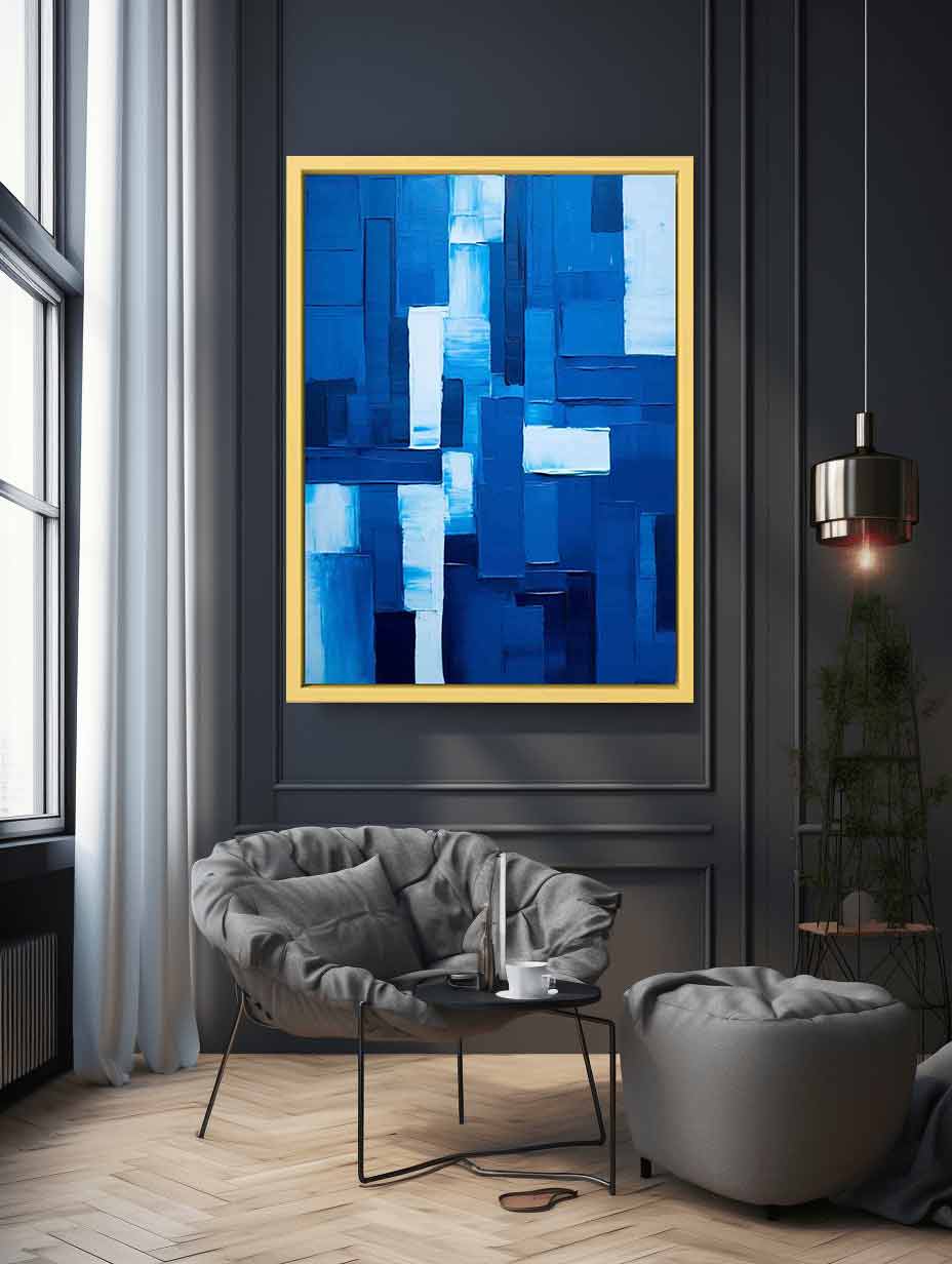 Deep blue abstract canvas art with textured blocks for modern office decor.