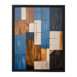 Modern blue and brown geometric abstract canvas art for living room decor.