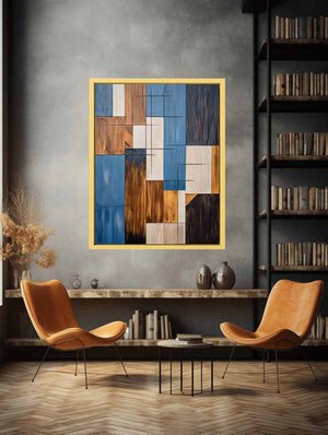 Modern blue and brown geometric abstract canvas art for living room decor.