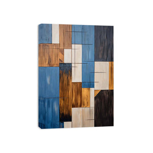 Modern blue and brown geometric abstract canvas art for living room decor.