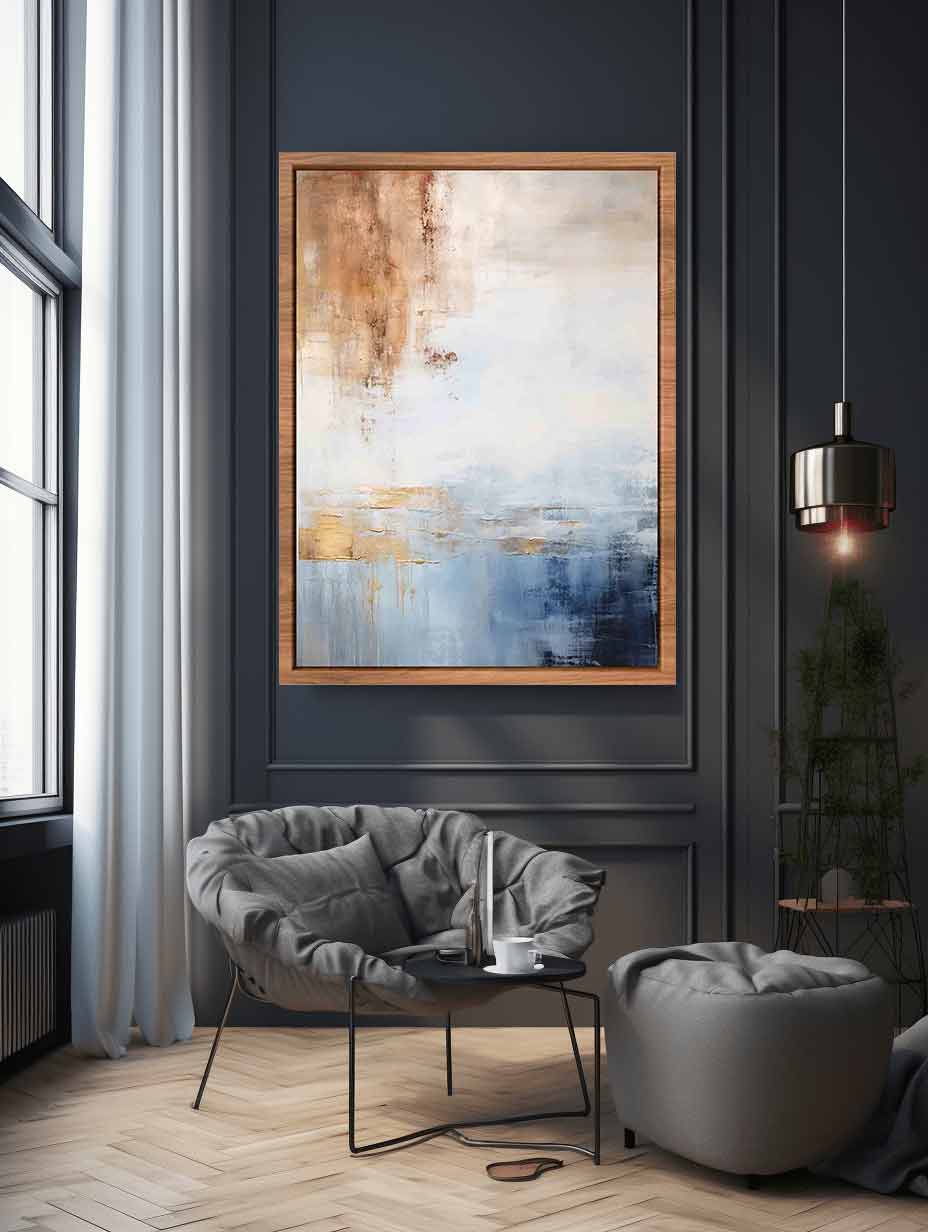 Soft blue neutral abstract coastal canvas art for calm bedroom or living room decor.