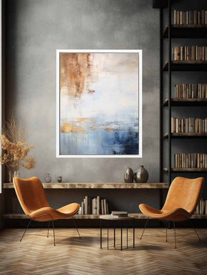 Soft blue neutral abstract coastal canvas art for calm bedroom or living room decor.