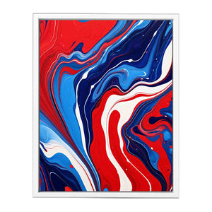 Bold red and blue fluid abstract canvas art for modern statement wall decor.