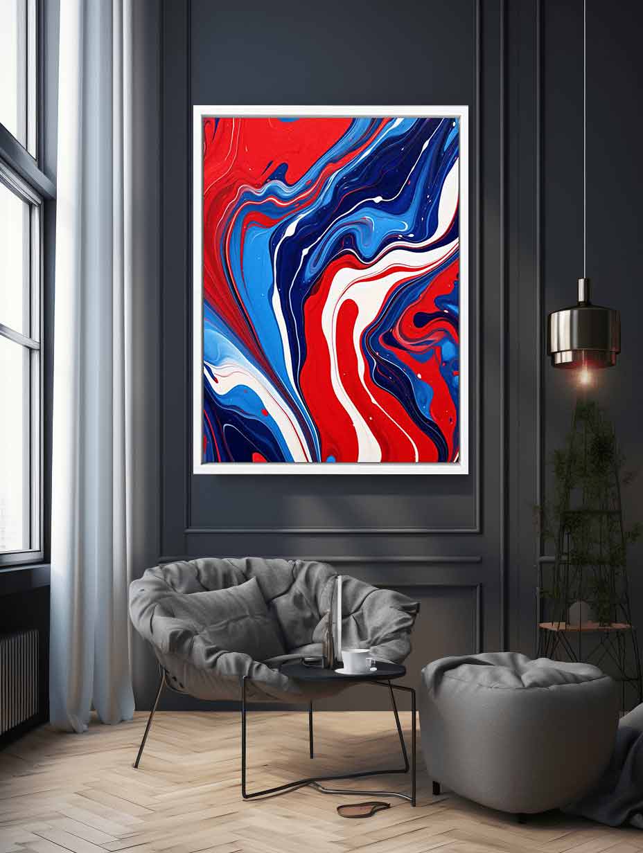 Bold red and blue fluid abstract canvas art for modern statement wall decor.