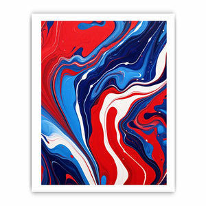 Bold red and blue fluid abstract canvas art for modern statement wall decor.