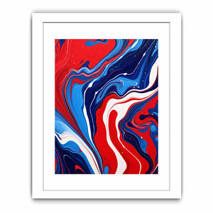 Bold red and blue fluid abstract canvas art for modern statement wall decor.