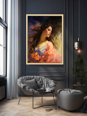 Elegant woman portrait canvas art with floral colors for feminine bedroom decor.