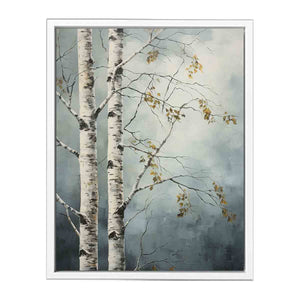 Birch tree canvas art with soft blue gray tones for peaceful modern room decor.