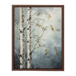 Birch tree canvas art with soft blue gray tones for peaceful modern room decor.