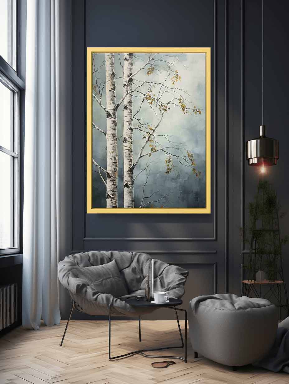 Birch tree canvas art with soft blue gray tones for peaceful modern room decor.