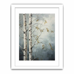 Birch tree canvas art with soft blue gray tones for peaceful modern room decor.