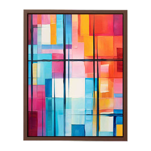 Colorful geometric abstract canvas art for bright modern office or living room decor.