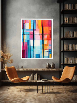 Colorful geometric abstract canvas art for bright modern office or living room decor.