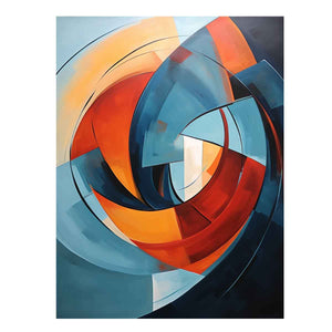 Teal and orange circular abstract canvas art for modern living room statement decor.