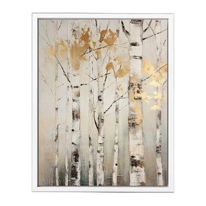 Neutral birch tree canvas art with gold leaves for serene modern home decor.