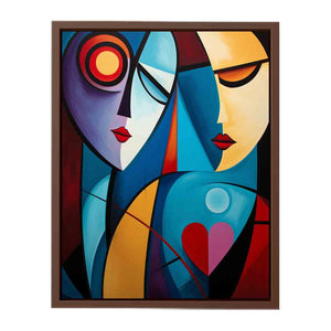 Cubist abstract couple canvas art with colorful faces for romantic modern decor.