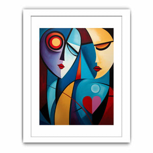 Cubist abstract couple canvas art with colorful faces for romantic modern decor.
