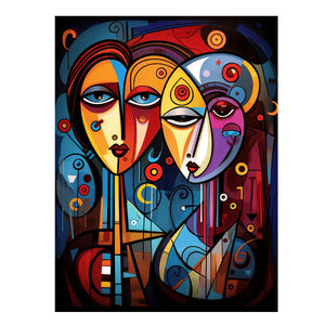 Bold abstract faces canvas art with vivid color for eclectic modern wall decor.