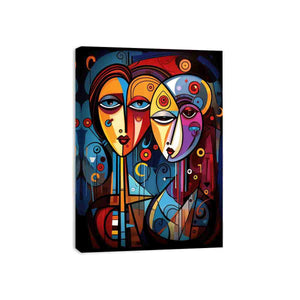 Bold abstract faces canvas art with vivid color for eclectic modern wall decor.