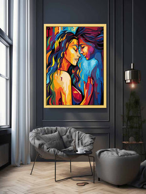 Colorful women embrace canvas art for expressive modern bedroom or living room decor.