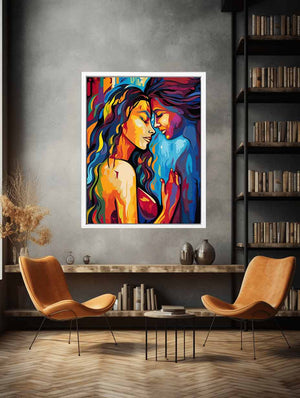 Colorful women embrace canvas art for expressive modern bedroom or living room decor.
