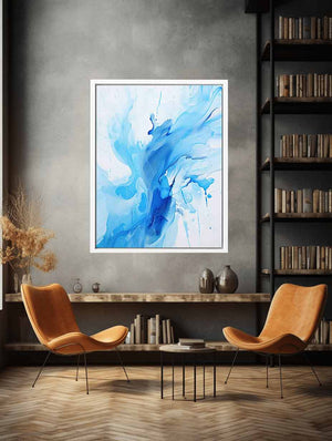 Soft blue abstract floral canvas art for serene bedroom or bathroom wall decor.
