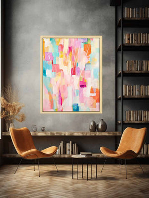 Pastel abstract floral canvas art with soft pink and aqua tones for bright home decor.