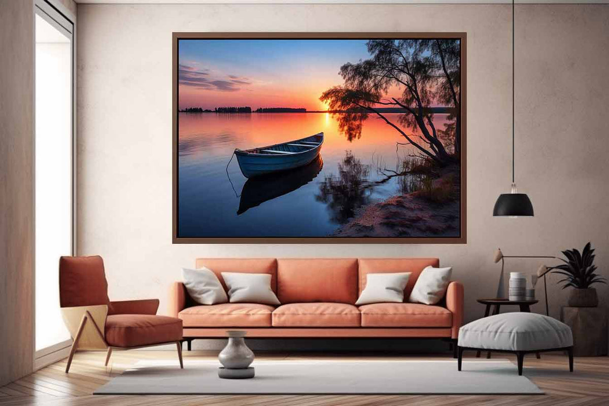 Stillwater Evening Boat sunset boat canvas for modern room decor.