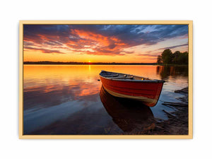 Calm Sea With Boat At Sunset framed Print