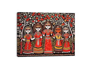Group of folk art women under flowering trees in colorful Madhubani canvas decor.