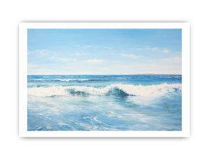 Calm blue ocean wave canvas art for modern coastal living room decor.