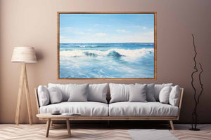 Calm blue ocean wave canvas art for modern coastal living room decor.