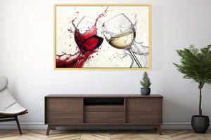 Dramatic red and white wine glass canvas art for dining room or home bar decor.