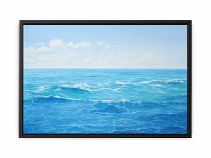 Bright blue ocean canvas art with soft waves for coastal bedroom or living room decor.