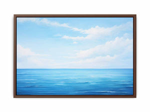 Minimal blue ocean horizon canvas art for serene modern bedroom decor.