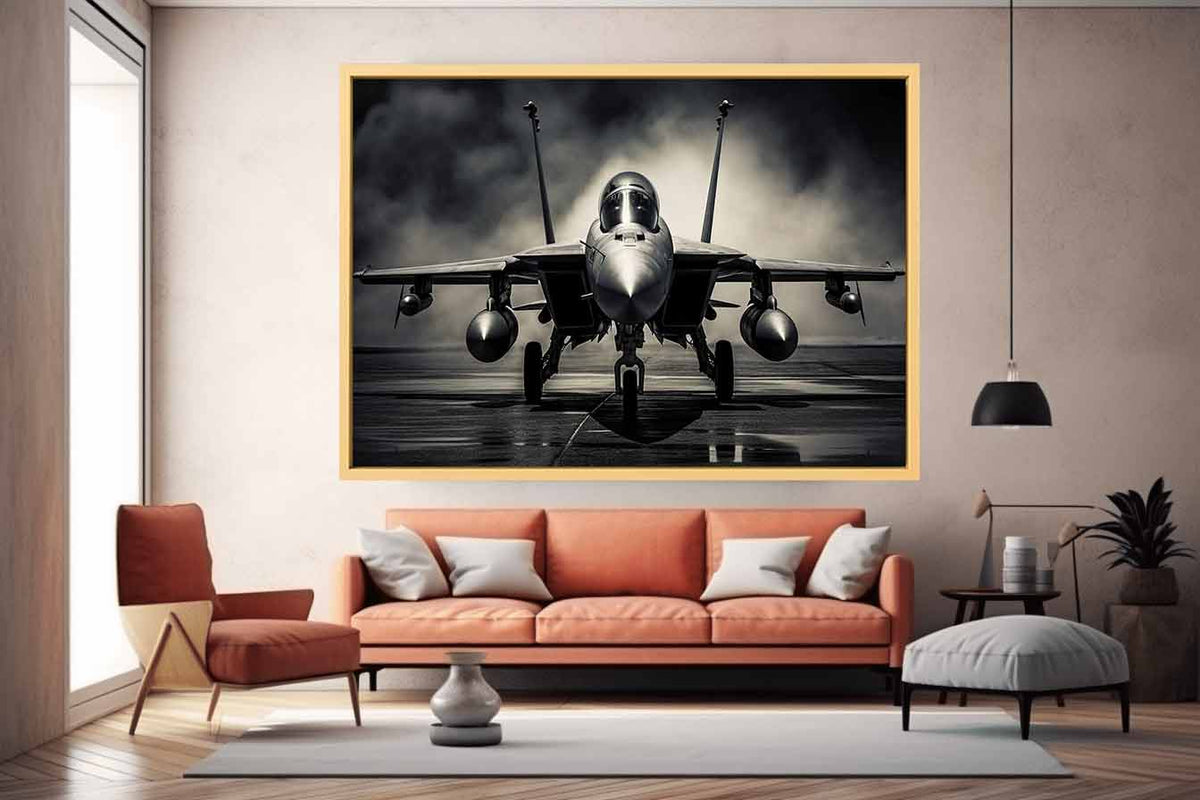Moody front view fighter jet canvas art for industrial office or man cave decor.