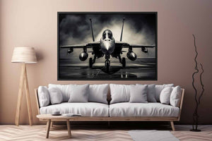Moody front view fighter jet canvas art for industrial office or man cave decor.