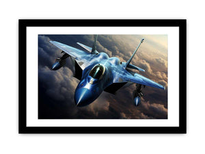 Blue fighter jet canvas art flying above clouds for modern office wall decor.