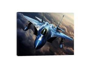 Blue fighter jet canvas art flying above clouds for modern office wall decor.