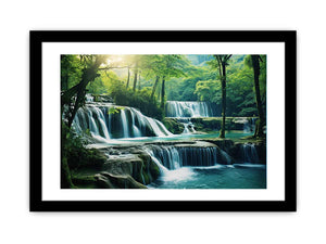 Emerald Falls lush tiered waterfall forest landscape for modern living room decor.