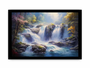 Cascade Light dramatic rocky waterfall painting for modern living room decor.