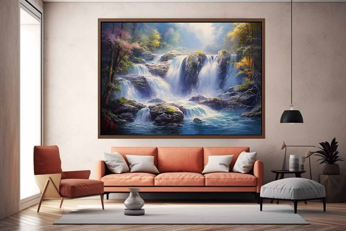 Cascade Light dramatic rocky waterfall painting for modern living room decor.