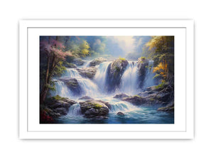 Cascade Light dramatic rocky waterfall painting for modern living room decor.